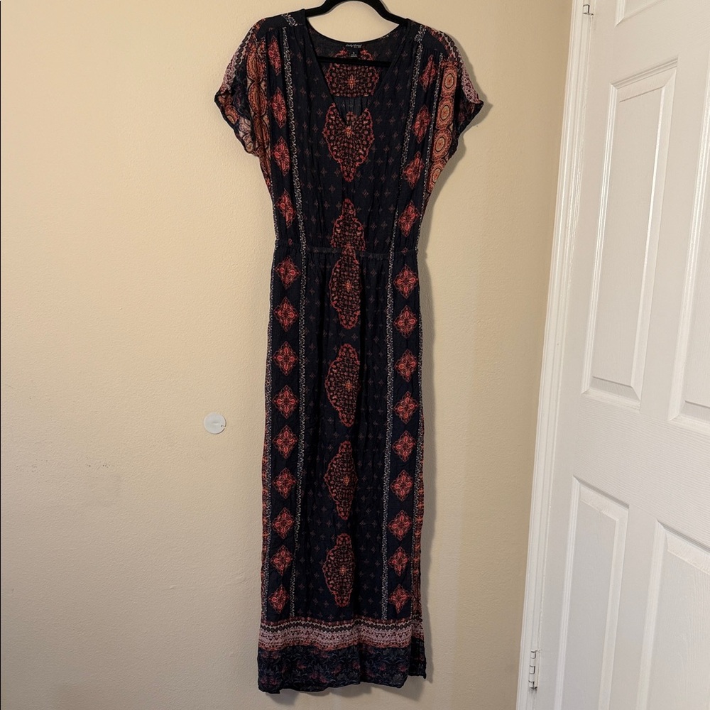 Lucky Brand Bohemian Blue Orange Casual V-Neck Maxi Dress Size S